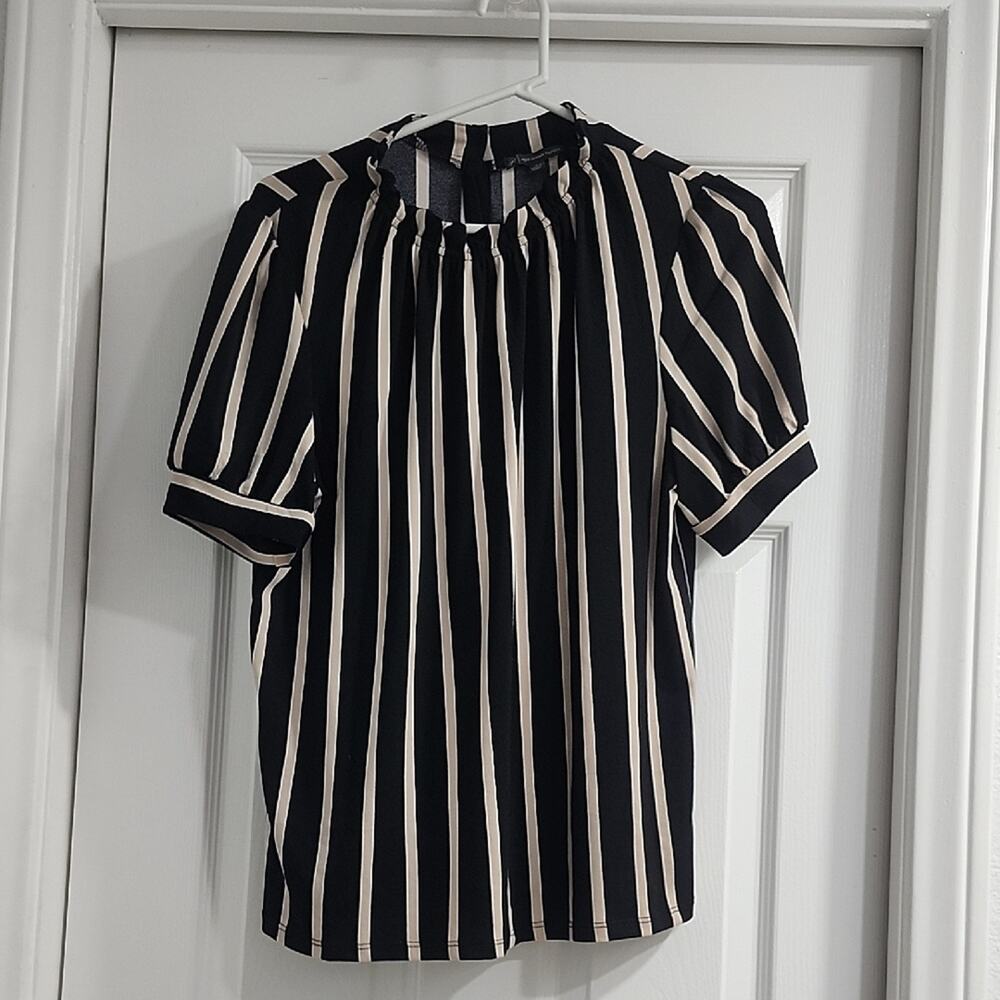 Adrianna Papell Black and Cream Vertical Stripe Puff-Sleeve Blouse